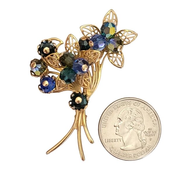 Gold Tone Blue Aurora Borealis Filigree Flower Bunch Brooch K550 - Picture 6 of 8